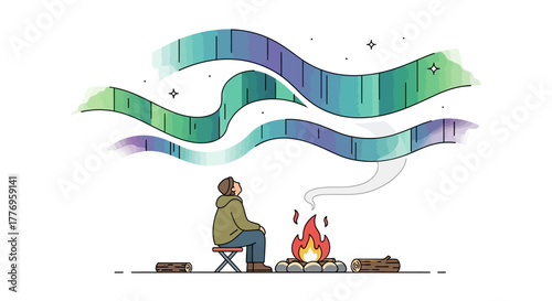 A person sits by a campfire gazing up at the aurora borealis