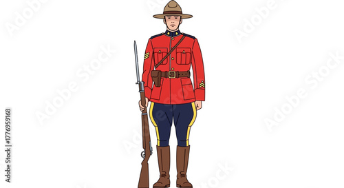 A Mountie stands holding a rifle in traditional uniform