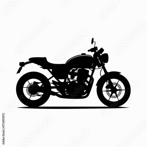 Black silhouette of a classic cafe racer motorcycle in side profile on a clean white background.