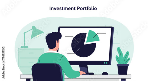 Man analyzes investment portfolio on computer screen in modern office, showcasing financial growth and strategic planning with a positive outlook.