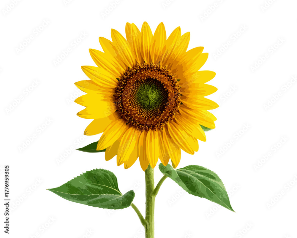 Fototapeta premium Vibrant Single Sunflower Isolated on White Background with Green Stem and Leaves