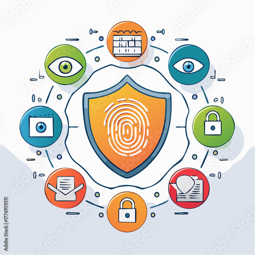 Comprehensive Digital Security Ecosystem Diagram Featuring Biometric Fingerprint Authentication and Robust Data Protection with Modern Icons Representing Privacy and Information Management