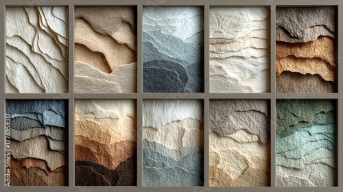 Ten panels display layered rock formations in various colors and textures.