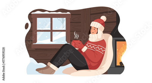 Cartoon cabin scene person in warm clothes by fireplace holding hot drink with snowy window view