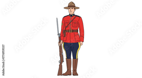 Cartoon of a Canadian Mountie in red coat and holding a rifle