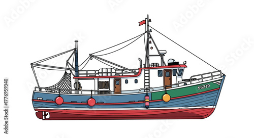Cartoon fishing boat with nets masts buoy and a cabin with two doors Hull reads 56210