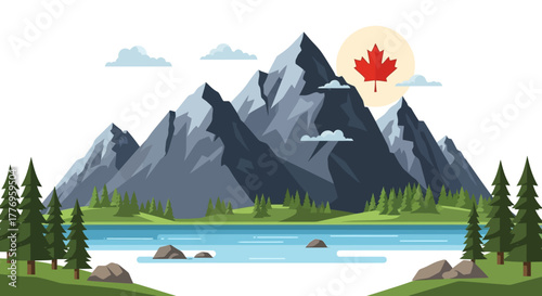 Mountain range with lake trees and a Canadian maple leaf symbol on a circular background