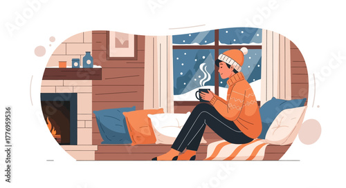 Person by window holding mug beside lit fireplace in wooden cabin with snowy outdoor view