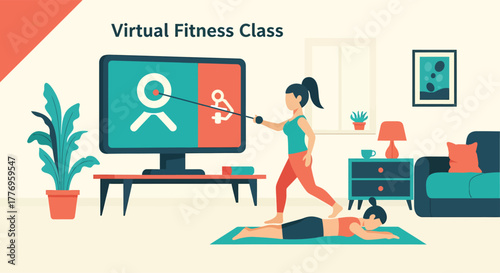 Woman leads virtual fitness class with online instruction, demonstrating exercise on partner in living room, promoting wellness and modern lifestyle.