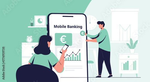 People interacting with mobile banking app on smartphone, showing financial data and euro symbol, in a modern, clean style.