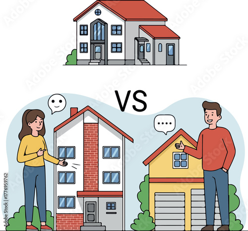 Comparing Houses For Sale With People Icons And Two Homes And Contrast