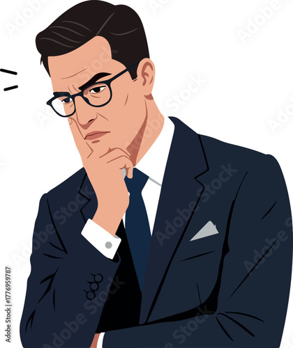 Concerned Man In Suit Thinking With Hand On Chin