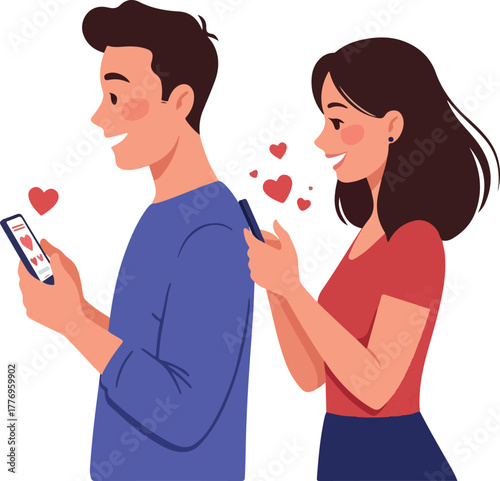 Couple Dating Online Using Mobile Phones Sending Hearts Flat Illustration