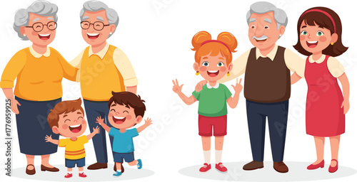Happy grandparents with grandchildren enjoying family time, smiling together, intergenerational bonding, joyful childhood moments, senior love, parenting support, outdoor lifestyle