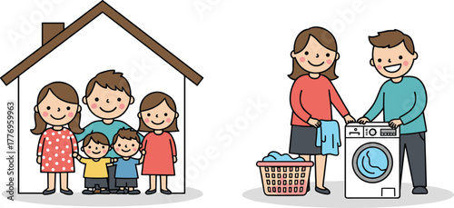 Happy family inside house, parents with children smiling, couple doing laundry together, teamwork, domestic chores, home life, unity, love