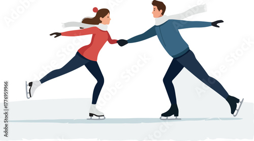 Couple Ice Skating Together In Winter Red And Blue Outfits