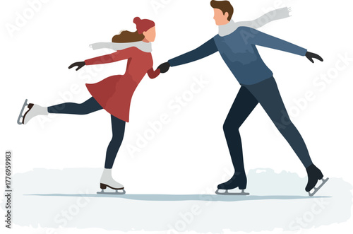 Couple Ice Skating Together Red Blue Outfits Snow Background