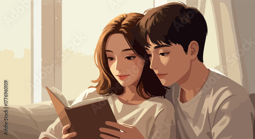 Couple Reading Book Together Warm Natural Light Cozy Indoor Scene