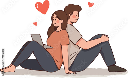 Couple Sitting Back To Back With Laptop Minimal Flat Design Hearts
