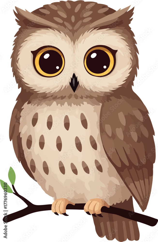 Fototapeta premium Cute Brown Owl Sitting On A Branch With Big Eyes Vector Art
