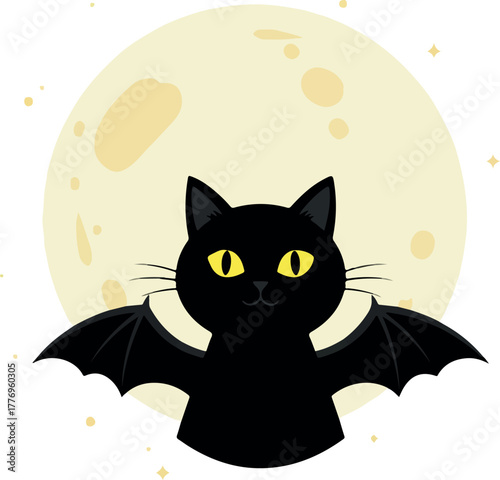 Cute Black Cat Bat Moon Minimal Illustration Flat Design