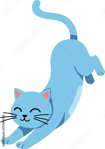 Cute Blue Cat Stretching Its Body With Happy Face Vector Art