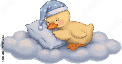 Cute Sleeping Duckling On Pillow And Cloud With Starry Hat
