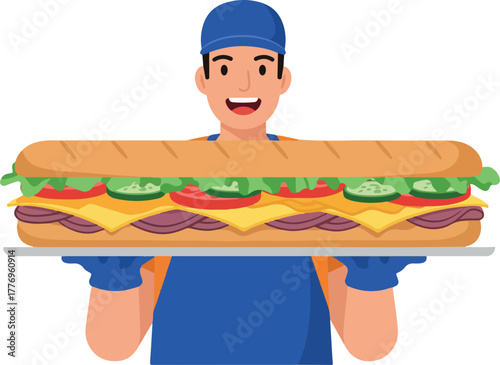 Delivery Man Holds Giant Sub Sandwich With Fresh Ingredients