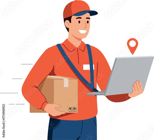 Delivery Man Holding Package and Laptop Flat Design Vector Illustration