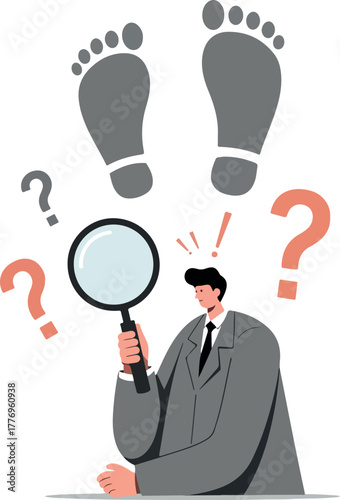 Detective Searching Footprints With Magnifying Glass Minimalist Illustration