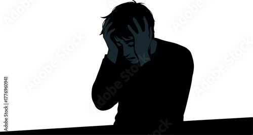 Distressed Man Silhouette In Black Holding Head White Background Minimalist