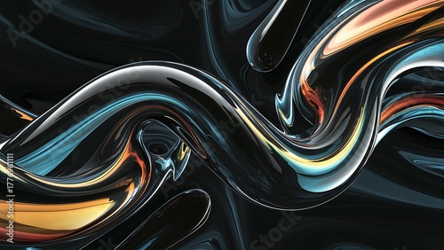 3d iridescent liquid glass ribbon wave line with neon rainbow light texture on abstract black background. Holographic gradient water flow with speed motion effect. Digital tech banner. 3D illustration