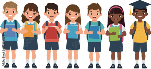 Diverse Group Of Children With Books And Backpacks Ready For School