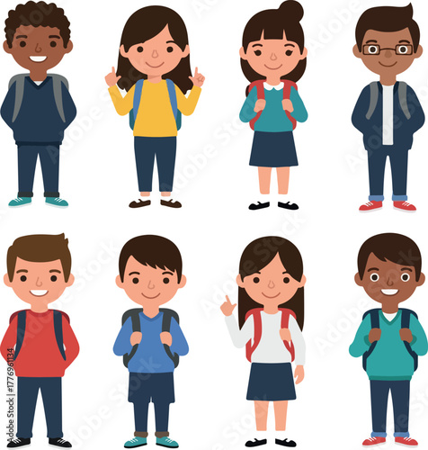 Diverse Group Of Children With Backpacks In Flat Design Style