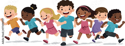 Diverse Group Of Happy Kids Running Together In Bright Casual Outfits