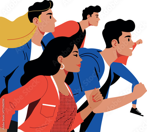 Diverse Group Running Forward Together Blue Red Outfits Flat Design