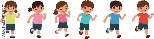 Diverse Kids Running Pixel Art Style Isolated On White Background