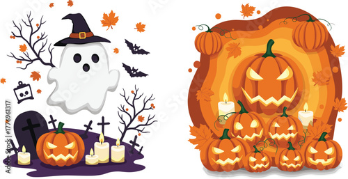 Halloween ghost with witch hat, spooky pumpkins, glowing candles, bats, autumn leaves, graveyard scene, festive decoration, scary celebration, vector illustration