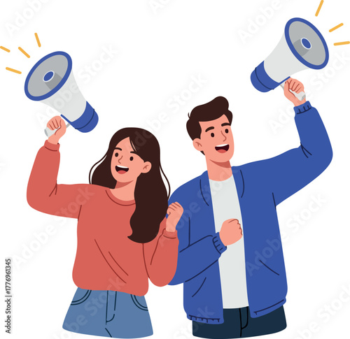 Diverse People Announcing with Megaphones Flat Design Isolated on White Background