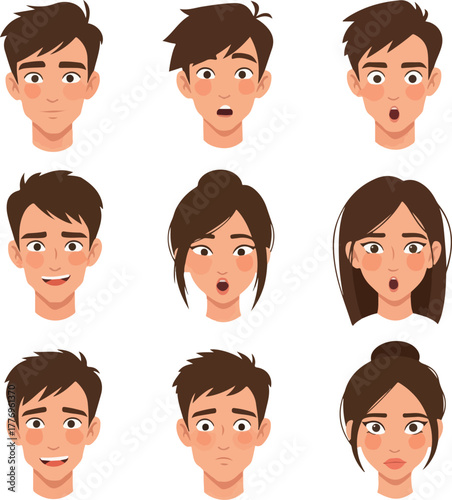 Diverse People Faces Expressing Emotions With Brown Hair And Blue Eyes