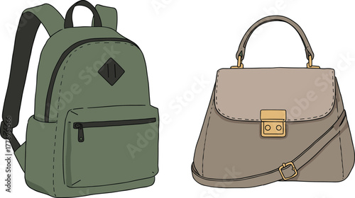 Green backpack and taupe handbag, casual and formal styles, zippered pocket, gold clasp, fashion accessories, school gear, elegant design, durable bags