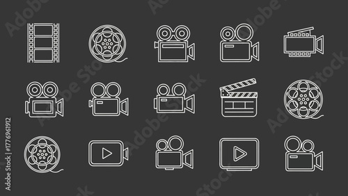 Linear art symbols of the film industry, including video cameras and cinema equipment icons