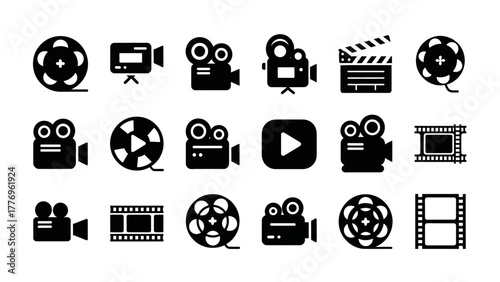 A set of film and movie camera icons representing various cinematic elements