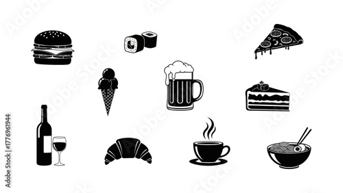 Diverse collection of popular food and drink icons, perfect for menus and culinary themes