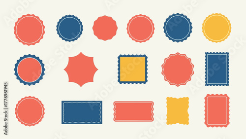 A diverse collection of colorful retro badge and stamp shapes for design elements and labels