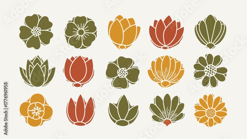 Elegant collection of minimalist floral icons with retro geometric shapes in warm earth tones