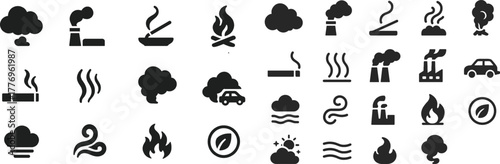 A clean flat 16-icon set illustrating smoke, air, and vapor concepts. Includes smoke cloud, chimney, incense, campfire smoke, cigarette symbol, steam, pollution, exhaust, fog, vapor swirl, industrial 