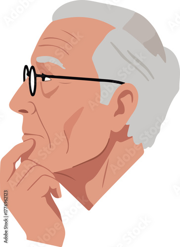 Elderly Man With Glasses In Profile Thinking Pose Pink Skin Flat Design