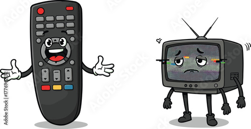 Funny remote control character, sad television cartoon, emotional electronics, digital humor, tech illustration, anthropomorphic devices, static screen, quirky concept