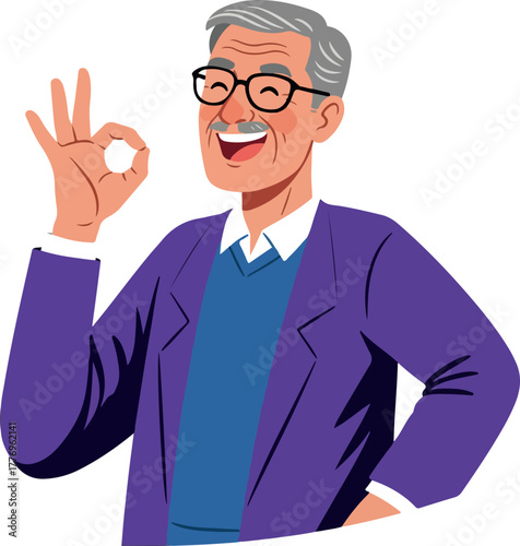 Elderly Man With Glasses Gesturing OK Sign Wearing Purple Jacket